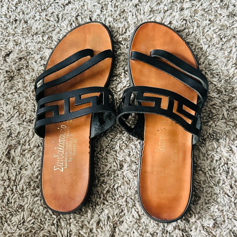 Gregory V. Napflio Black Brown Handmade Leather Flat Minimalist Sandals 39/8.5